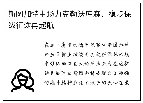 斯图加特主场力克勒沃库森，稳步保级征途再起航