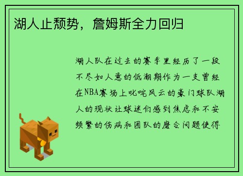 湖人止颓势，詹姆斯全力回归